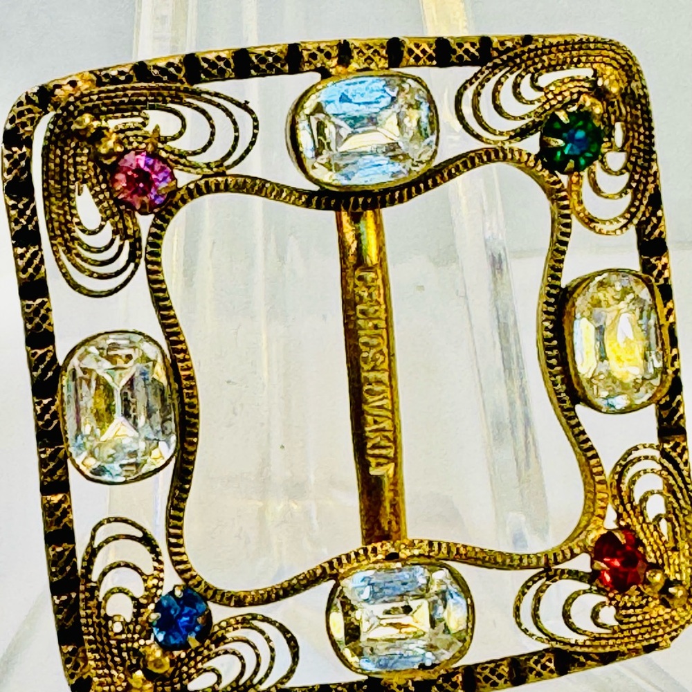 Vintage Square Filigree Belt buckle with Multicolor Stones- Czechoslovakian